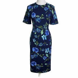 Maggy London Navy Green Floral Bellow Knee Dress
